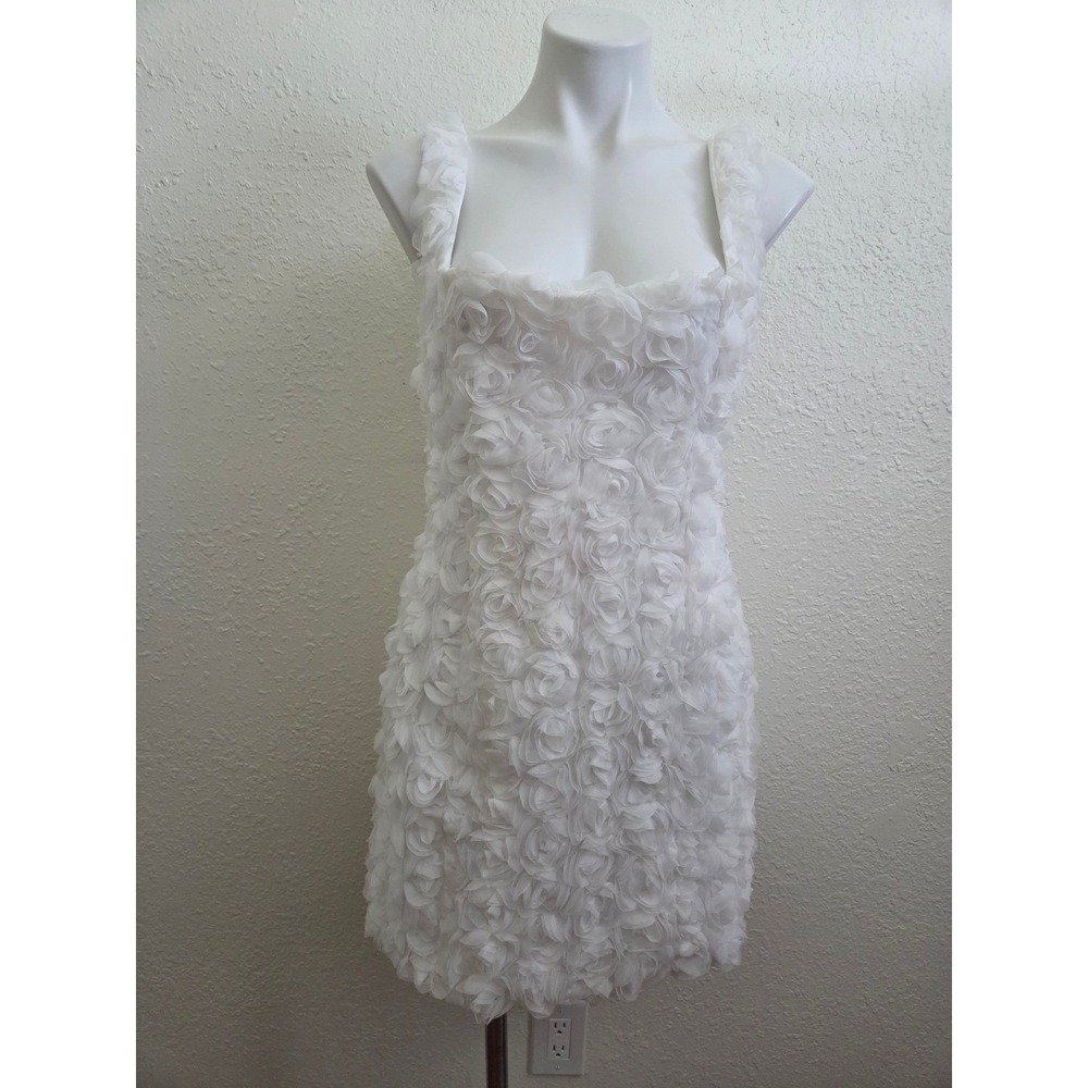 White 3D Rosette Floral Mesh Mini Dress Lace Up Back Sleeveless Party Bridal med